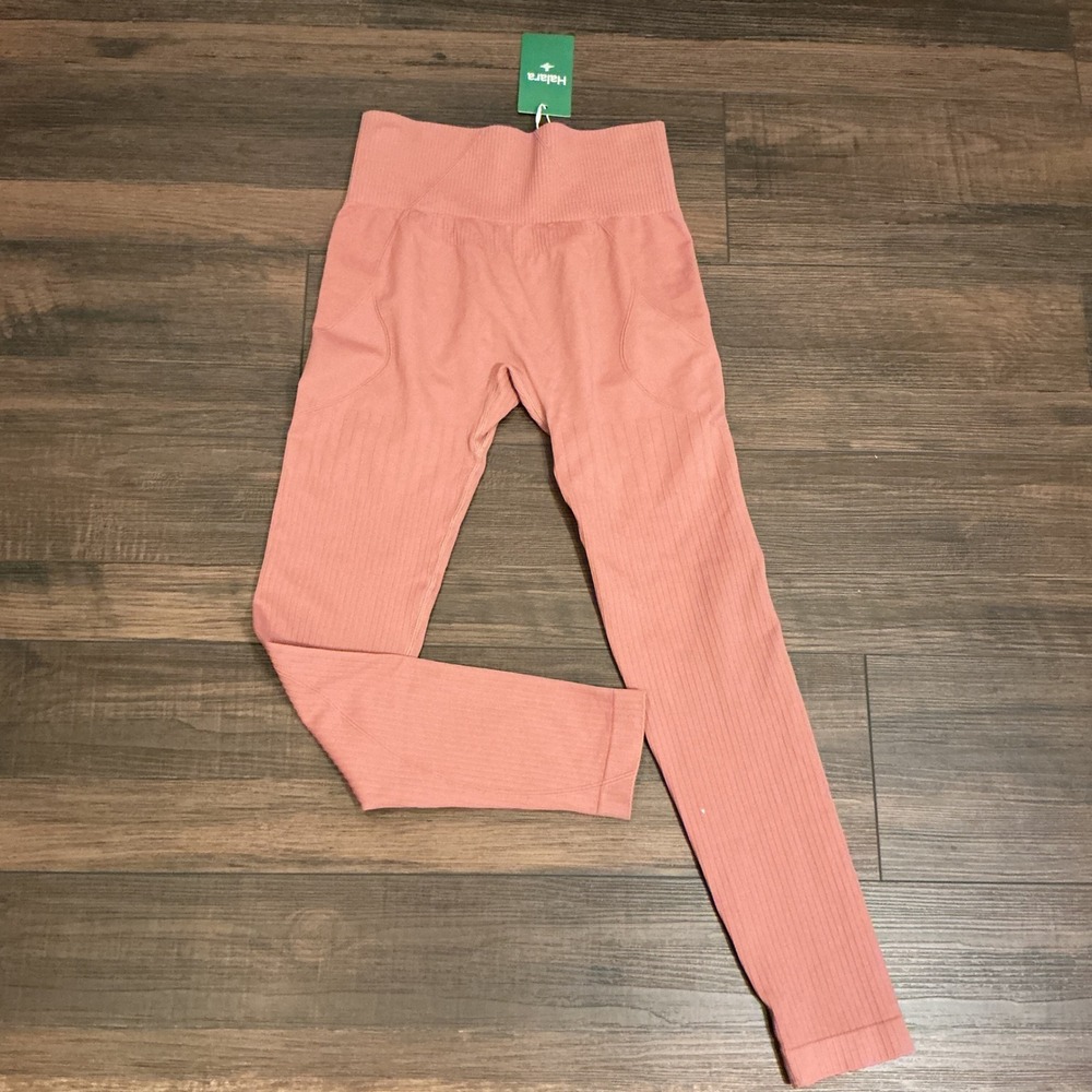 Halara Leggings Pink High Waisted Ribbed Seamless Scrunch 7/8 Pockets Medium